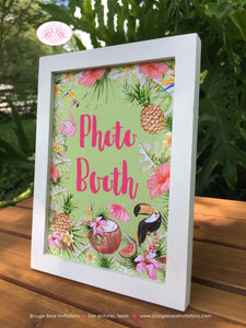 Tropical Paradise Birthday Party Sign Poster Photo Booth Flamingo Toucan Pink Gold Green Jungle Wild Boogie Bear Invitations Tallulah Theme