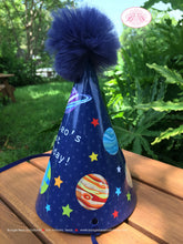 Load image into Gallery viewer, Outer Space Birthday Party Hat Honoree Boy Girl Planets Astronaut Galaxy Stars Solar System Orbit Blue Boogie Bear Invitations Galileo Theme