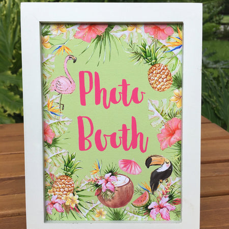 Tropical Paradise Birthday Party Sign Poster Photo Booth Flamingo Toucan Pink Gold Green Jungle Wild Boogie Bear Invitations Tallulah Theme