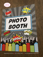 Load image into Gallery viewer, Superhero Birthday Party Sign Poster Photo Booth Red Black Happy Boy Girl Super Hero Skyline City Comic Boogie Bear Invitations Max Theme