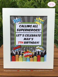 Superhero Birthday Party Sign Poster Red Black Happy Super Hero Boy Girl Comic Skyline City Retro Boogie Bear Invitations Max Theme