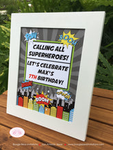 Load image into Gallery viewer, Superhero Birthday Party Sign Poster Red Black Happy Super Hero Boy Girl Comic Skyline City Retro Boogie Bear Invitations Max Theme