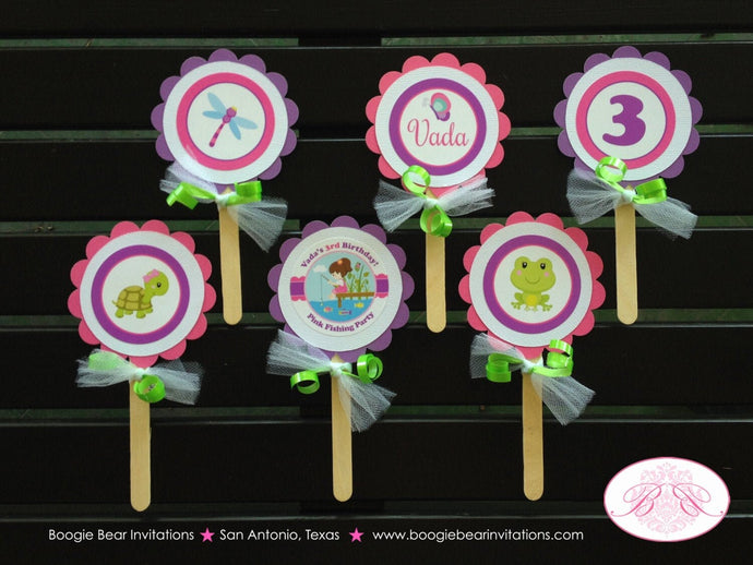 Fishing Girl Birthday Party Cupcake Toppers Pink Purple Dock Frog Butterfly Turtle Fish Ocean Lake River Boogie Bear Invitations Vada Theme