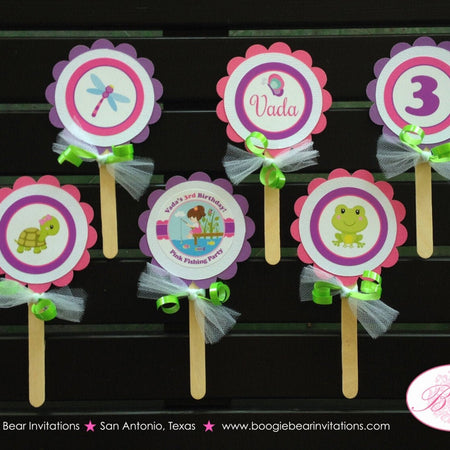 Fishing Girl Birthday Party Cupcake Toppers Pink Purple Dock Frog Butterfly Turtle Fish Ocean Lake River Boogie Bear Invitations Vada Theme