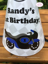 Load image into Gallery viewer, Blue Motorcycle Birthday Party Hat Racing Boy Girl Black Grey Stripe Enduro Motocross Sports Track Boogie Bear Invitations Randy Theme