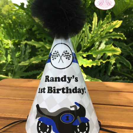 Blue Motorcycle Birthday Party Hat Racing Boy Girl Black Grey Stripe Enduro Motocross Sports Track Boogie Bear Invitations Randy Theme