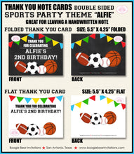 Load image into Gallery viewer, Sports Birthday Party Thank You Card Boy Girl Chalkboard Baseball Softball Basketball Soccer Pro Boogie Bear Invitations Alfie Theme Printed