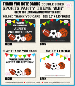 Sports Birthday Party Thank You Card Boy Girl Chalkboard Baseball Softball Basketball Soccer Pro Boogie Bear Invitations Alfie Theme Printed