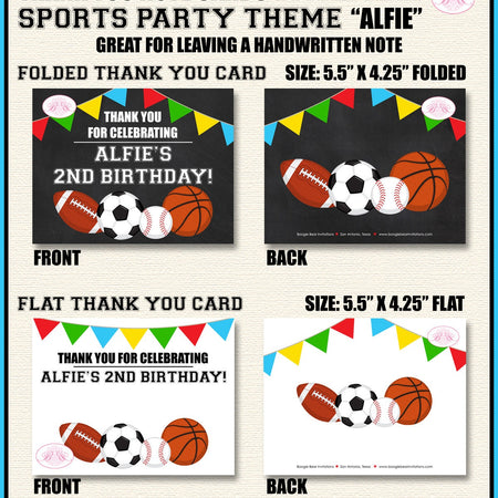 Sports Birthday Party Thank You Card Boy Girl Chalkboard Baseball Softball Basketball Soccer Pro Boogie Bear Invitations Alfie Theme Printed