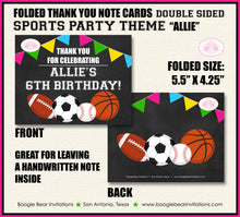 Load image into Gallery viewer, Sports Birthday Party Thank You Card Pink Girl Chalkboard Baseball Football Basketball Soccer Boogie Bear Invitations Allie Theme Printed