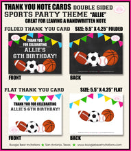 Load image into Gallery viewer, Sports Birthday Party Thank You Card Pink Girl Chalkboard Baseball Football Basketball Soccer Boogie Bear Invitations Allie Theme Printed