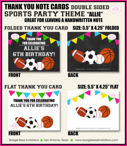 Sports Birthday Party Thank You Card Pink Girl Chalkboard Baseball Football Basketball Soccer Boogie Bear Invitations Allie Theme Printed