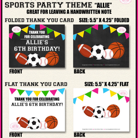 Sports Birthday Party Thank You Card Pink Girl Chalkboard Baseball Football Basketball Soccer Boogie Bear Invitations Allie Theme Printed