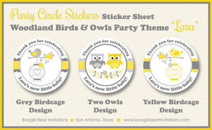 Woodland Birds Owls Party Stickers Circle Sheet Baby Shower Girl Boy Yellow Grey Chevron Forest Animals Boogie Bear Invitations Lara Theme