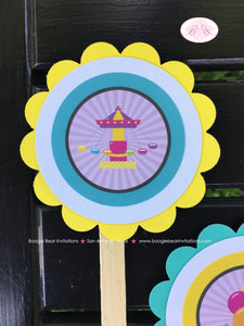 Amusement Park Party Cupcake Toppers Birthday Carousel Horse Girl Pink Blue Game Ferris Wheel Circus Boogie Bear Invitations Camille Theme
