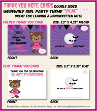 Load image into Gallery viewer, Werewolf Girl Party Thank You Card Note Birthday Full Moon Lycanthrope Spooky Pink Purple Black Boogie Bear Invitations Sylvie Theme Printed