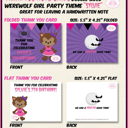 Werewolf Girl Party Thank You Card Note Birthday Full Moon Lycanthrope Spooky Pink Purple Black Boogie Bear Invitations Sylvie Theme Printed