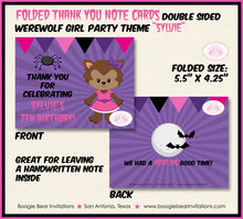 Load image into Gallery viewer, Werewolf Girl Party Thank You Card Note Birthday Full Moon Lycanthrope Spooky Pink Purple Black Boogie Bear Invitations Sylvie Theme Printed