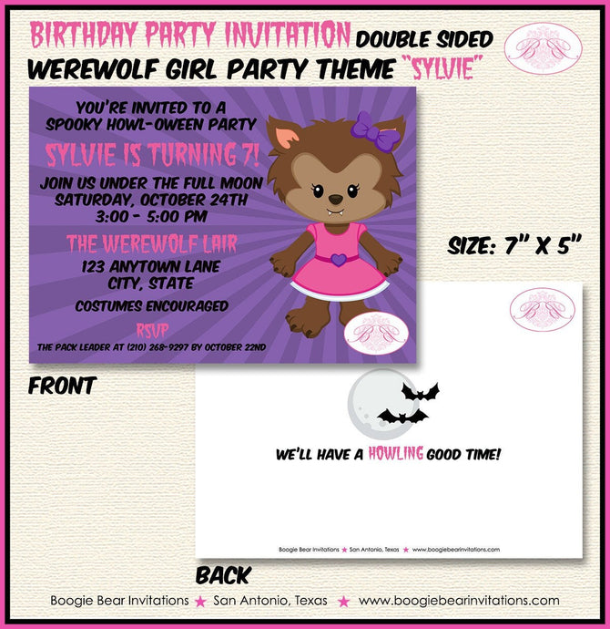 Werewolf Girl Birthday Party Invitation Halloween Full Moon Wild Wolf Pink Boogie Bear Invitations Sylvie Theme Paperless Printable Printed