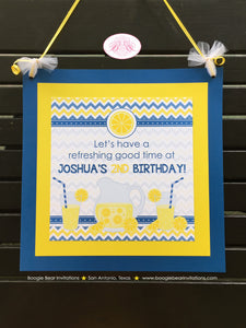 Blue Lemonade Birthday Party Door Banner Stand Boy Chevron Yellow Vintage Country Sweet Lemon Drink Boogie Bear Invitations Joshua Theme
