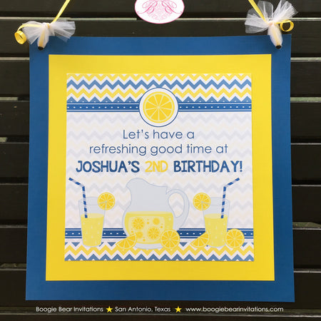 Blue Lemonade Birthday Party Door Banner Stand Boy Chevron Yellow Vintage Country Sweet Lemon Drink Boogie Bear Invitations Joshua Theme