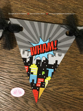 Load image into Gallery viewer, Superhero Birthday Party Banner Pennant Garland Small Boy Girl Super Hero Skyline Comic Vintage Cityscape Boogie Bear Invitations Max Theme