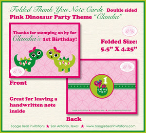 Pink Dinosaur Birthday Party Thank You Card Note Girl Lime Green Little Prehistoric Jurassic Boogie Bear Invitations Claudia Theme Printed