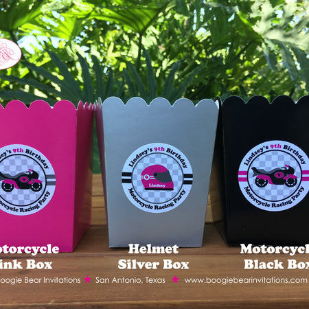 Pink Motorcycle Party Popcorn Boxes Mini Food Buffet Birthday Girl Enduro Motocross Racing Race Track Boogie Bear Invitations Lindsey Theme