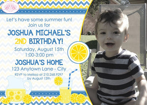 Blue Lemonade Birthday Party Invitation Boy Photo Lemon Refreshing Drink Boogie Bear Invitations Joshua Theme Paperless Printable Printed