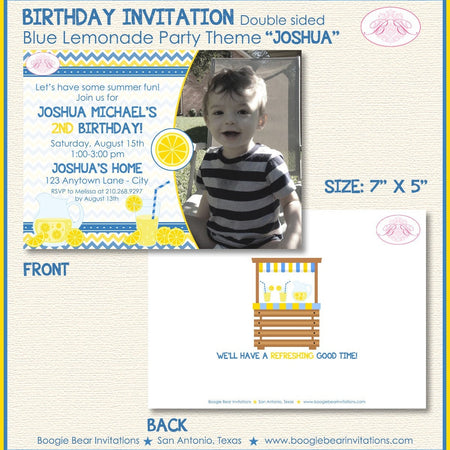 Blue Lemonade Birthday Party Invitation Boy Photo Lemon Refreshing Drink Boogie Bear Invitations Joshua Theme Paperless Printable Printed