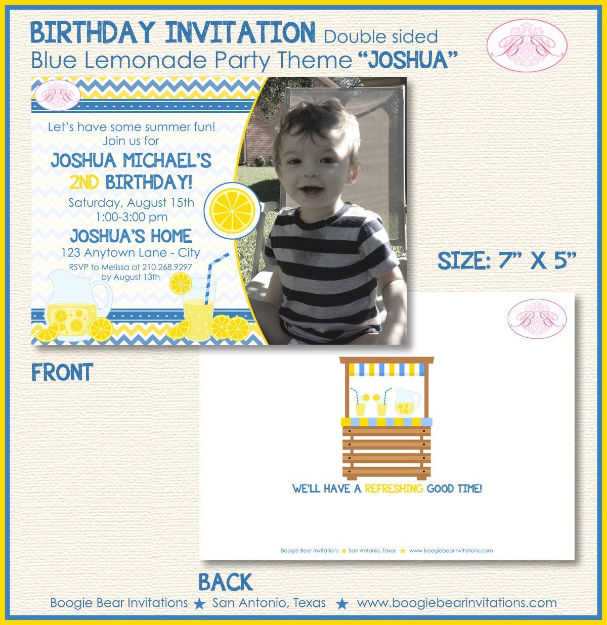 Blue Lemonade Birthday Party Invitation Boy Photo Lemon Refreshing Drink Boogie Bear Invitations Joshua Theme Paperless Printable Printed