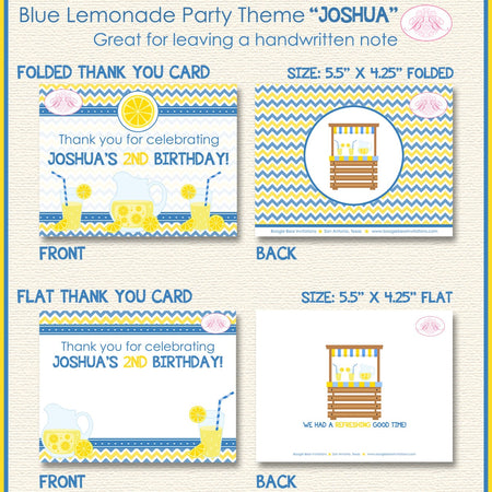 Blue Lemonade Birthday Party Thank You Card Boy Yellow Sweet Lemon Picnic Drink Stand Summer Boogie Bear Invitations Joshua Theme Printed