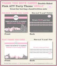 Load image into Gallery viewer, Pink ATV Baby Shower Party Thank You Card Girl Grey Silver Glitter 4 Wheeler Stripe Quad Racing Boogie Bear Invitations Adelle Theme Printed
