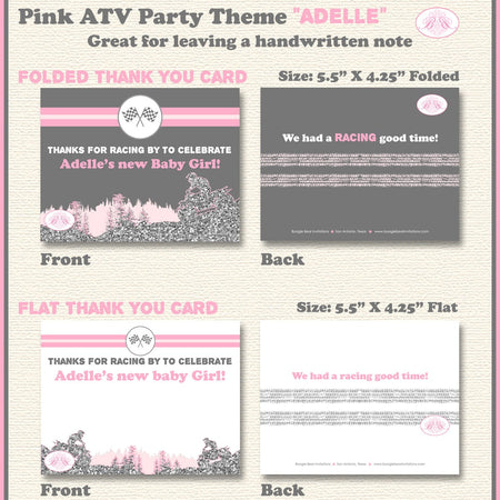 Pink ATV Baby Shower Party Thank You Card Girl Grey Silver Glitter 4 Wheeler Stripe Quad Racing Boogie Bear Invitations Adelle Theme Printed