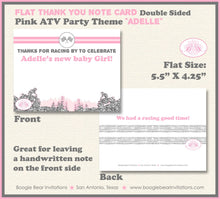 Load image into Gallery viewer, Pink ATV Baby Shower Party Thank You Card Girl Grey Silver Glitter 4 Wheeler Stripe Quad Racing Boogie Bear Invitations Adelle Theme Printed