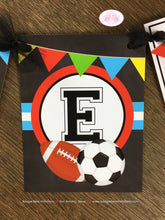 Load image into Gallery viewer, Sports Birthday Name Party Banner Boy Girl Chalkboard Football Basketball Soccer Baseball Softball Game Boogie Bear Invitations Alfie Theme