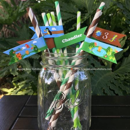 Rain Forest Birthday Party Straws Pennant Paper Girl Boy Rainforest Zoo Animals Wild Jungle Amazon Boogie Bear Invitations Chandler Theme