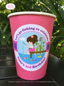 Fishing Girl Birthday Party Beverage Cups Paper Drink Fish Blue Green Pink State Park Lake Pole Bait Dock Boogie Bear Invitations Vada Theme