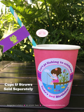 Load image into Gallery viewer, Fishing Girl Birthday Party Beverage Cups Paper Drink Fish Blue Green Pink State Park Lake Pole Bait Dock Boogie Bear Invitations Vada Theme