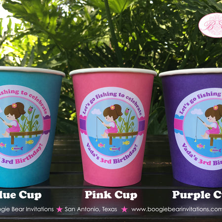 Fishing Girl Birthday Party Beverage Cups Paper Drink Fish Blue Green Pink State Park Lake Pole Bait Dock Boogie Bear Invitations Vada Theme
