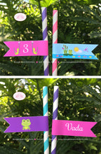 Load image into Gallery viewer, Fishing Girl Birthday Party Paper Pennant Straws Beverage Fish Butterfly Pink Purple Dock River Lake Pole Boogie Bear Invitations Vada Theme