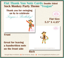 Load image into Gallery viewer, Sock Monkey Birthday Party Thank You Card Note Boy Girl Stripe Brown Green Blue Wild Jungle Zoo Boogie Bear Invitations Teagan Theme Printed
