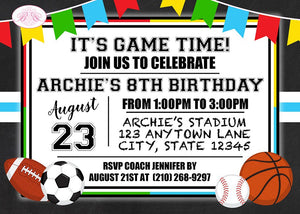 Sports Birthday Party Invitation Chalkboard Play Ball Game Time Athletic Boogie Bear Invitations Archie Theme Paperless Printable Printed