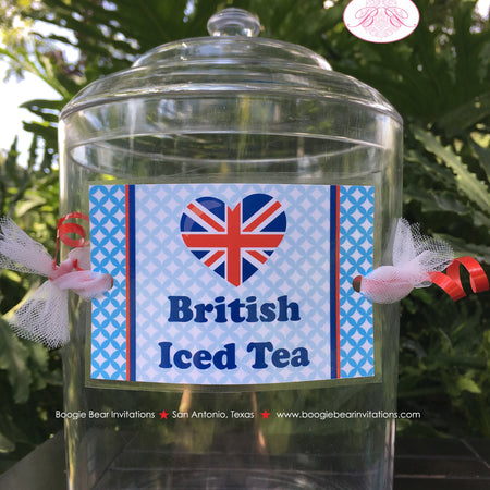 London England Party Beverage Card Wrap Birthday Drink Label UK United Kingdom British Union Jack Flag Boogie Bear Invitations Nigel Theme