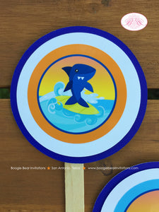 Surfer Shark Party Cupcake Toppers Birthday Boy Ocean Swimming Pool Wave Surf Surfing Beach Swim Sunset Boogie Bear Invitations Xander Theme