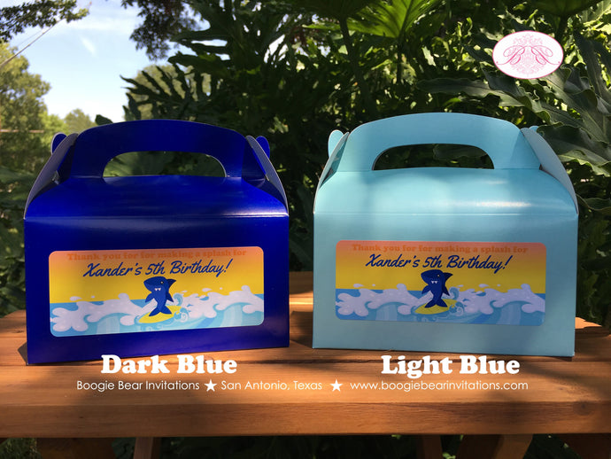 Surfer Shark Birthday Party Treat Boxes Favor Ocean Swimming Blue Pool Swim Beach Surfing Surf Boy Girl Boogie Bear Invitations Xander Theme