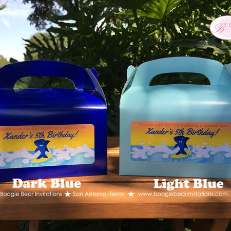 Surfer Shark Birthday Party Treat Boxes Favor Ocean Swimming Blue Pool Swim Beach Surfing Surf Boy Girl Boogie Bear Invitations Xander Theme
