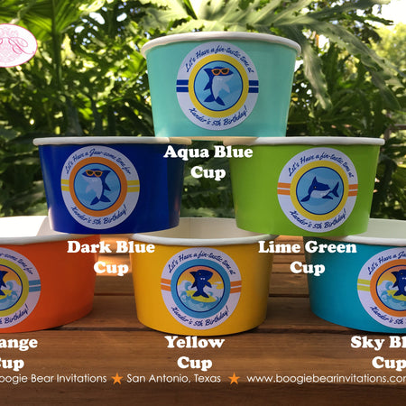 Surfer Shark Birthday Party Treat Cups Food Candy Buffet Appetizer Birthday Pool Swimming Swim Surfing Boogie Bear Invitations Xander Theme