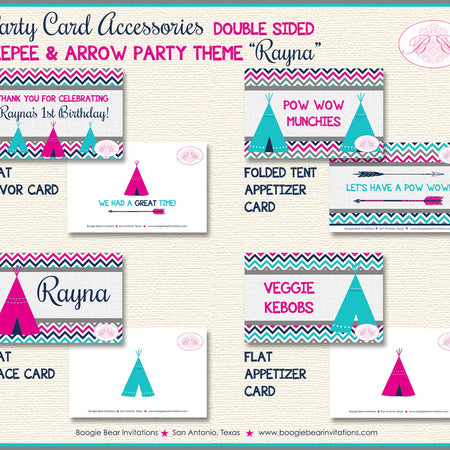 Pink Teepee Birthday Favor Party Card Tent Place Food Tag Girl Chevron Teal Aqua Turquoise Tipi Camping Boogie Bear Invitations Rayna Theme