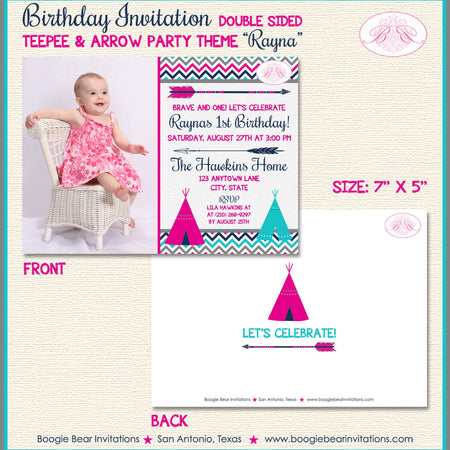 Pink Teepee Arrow Birthday Party Invitation Photo Girl Chevron 1st 2nd 3rd Boogie Bear Invitations Rayna Theme Paperless Printable Printed